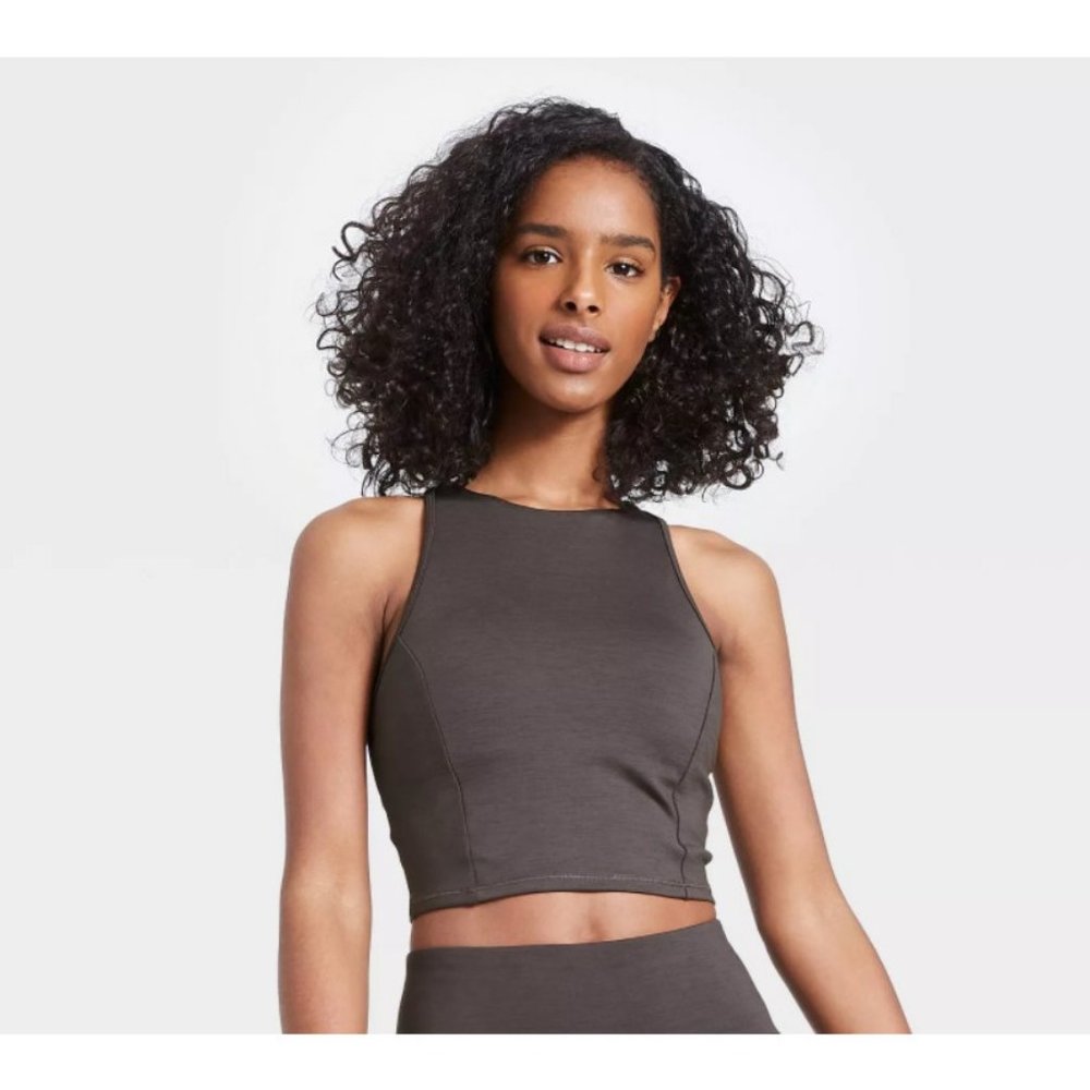 All In Motion Women's Charcoal Heather Gray Crop Athletic Workout Tank Top - Picture 3 of 5